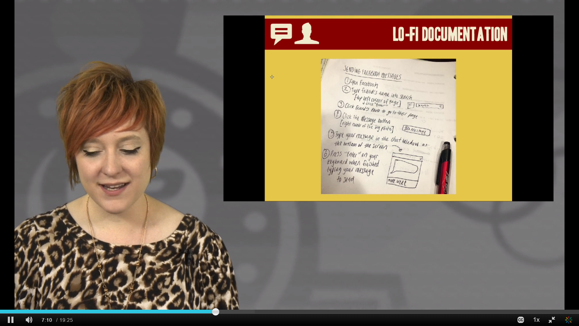 A screenshot of Allegra, a white woman with short red hair, teaching a video lesson on writing documentation. A slide with the title "lo-fi documentation" is projected behind her, with a picture of sketched-out instructions on how to send a Facebook message