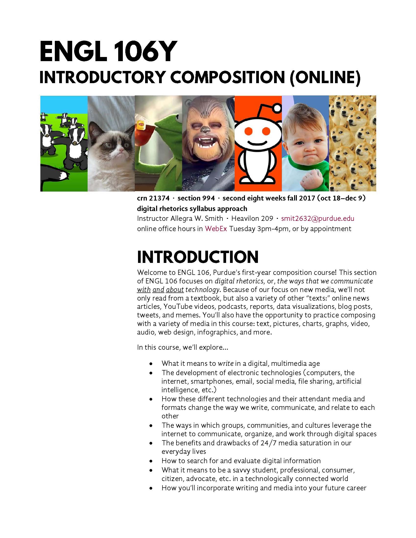 the first page of the ENGL 106Y syllabus, which features images of various memes (badger badger mushroom, grumpy cat, success kid, doge, etc.) to represent the course theme of "digital rhetorics"