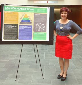 Allegra, a short white woman with a red pixie haircut, stands in front of her award-winning SIGDOC 2017 research poster, "Can You Hear Me Now?:  Revaluing Listening's Role in User Research Practice"