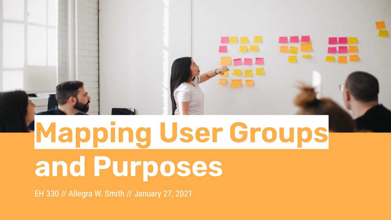 Title slide for Allegra's teaching talk, entitled "Mapping User Groups and Purposes"